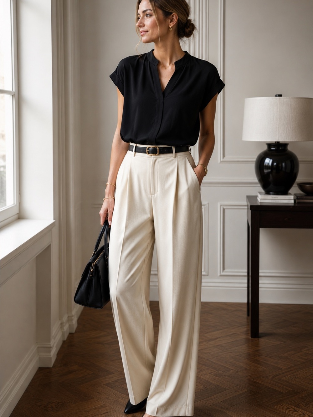 White Birch Black Split Neck Blouse Small Business Casual Capsule Minimalist